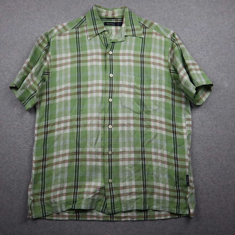Nautica Button Up Shirt Mens Medium Green Plaid Linen Blend Short Sleeve Casual